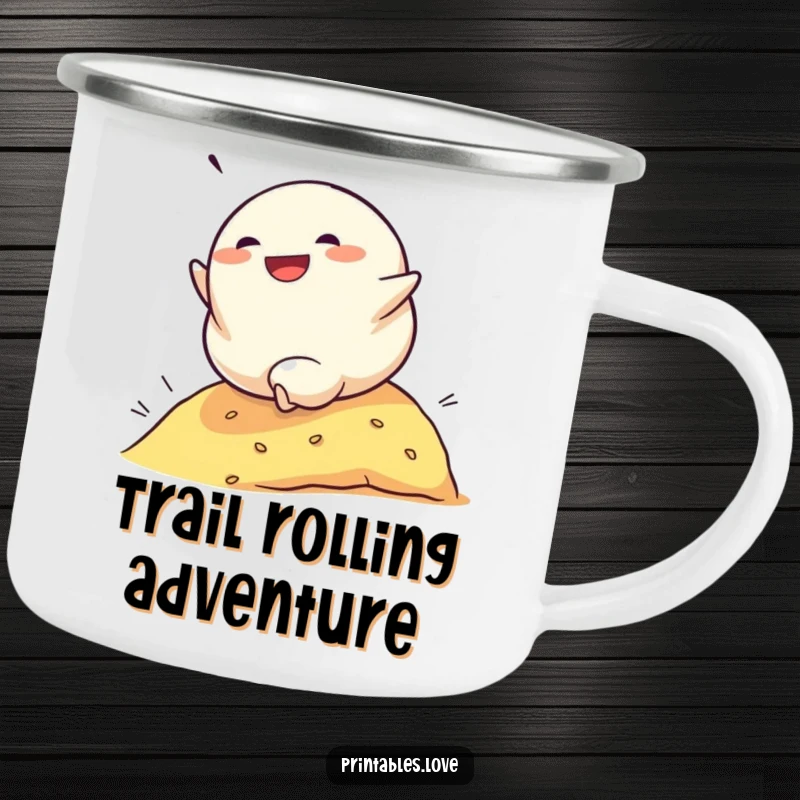 Funny camping mug showing a determined dumpling character rolling down a hill with glee, perfect for adding a humorous touch to outdoor trips.