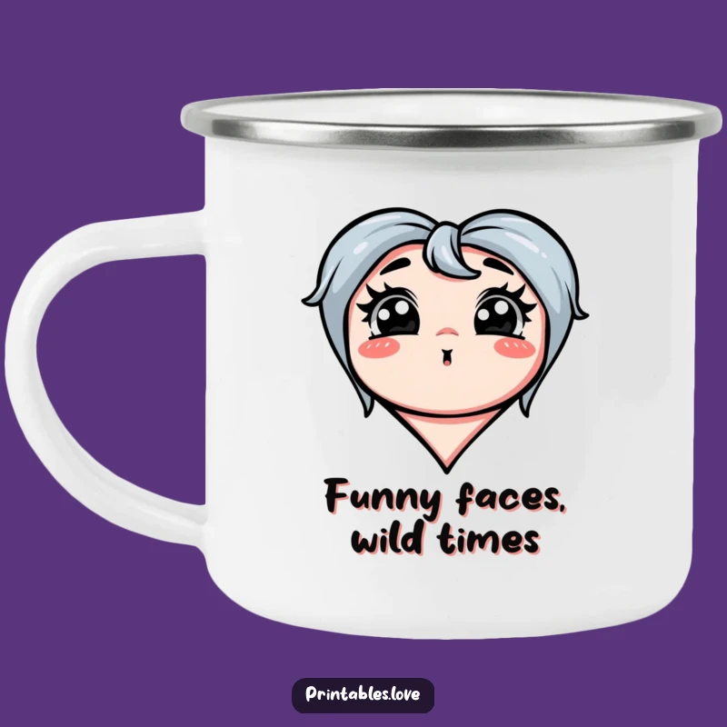 Funny Silly Face Heart Camping Mug: Exaggerated Outdoors, Perfect Gift!