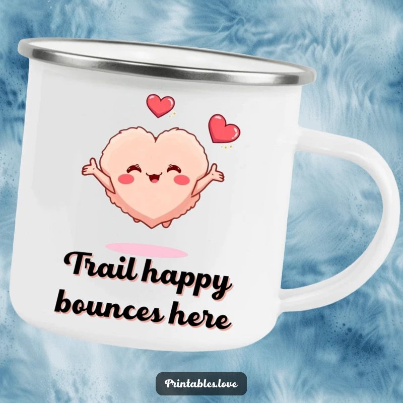 Funny camping mug showcasing a small fluffy heart character bouncing with joy, arms reaching out, ready for adventure.
