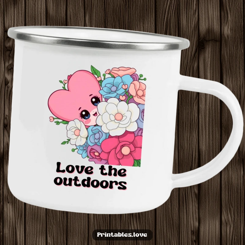 Funny camping mug featuring a cute heart character with playful eyes peeking from a large bouquet, designed for outdoor use.