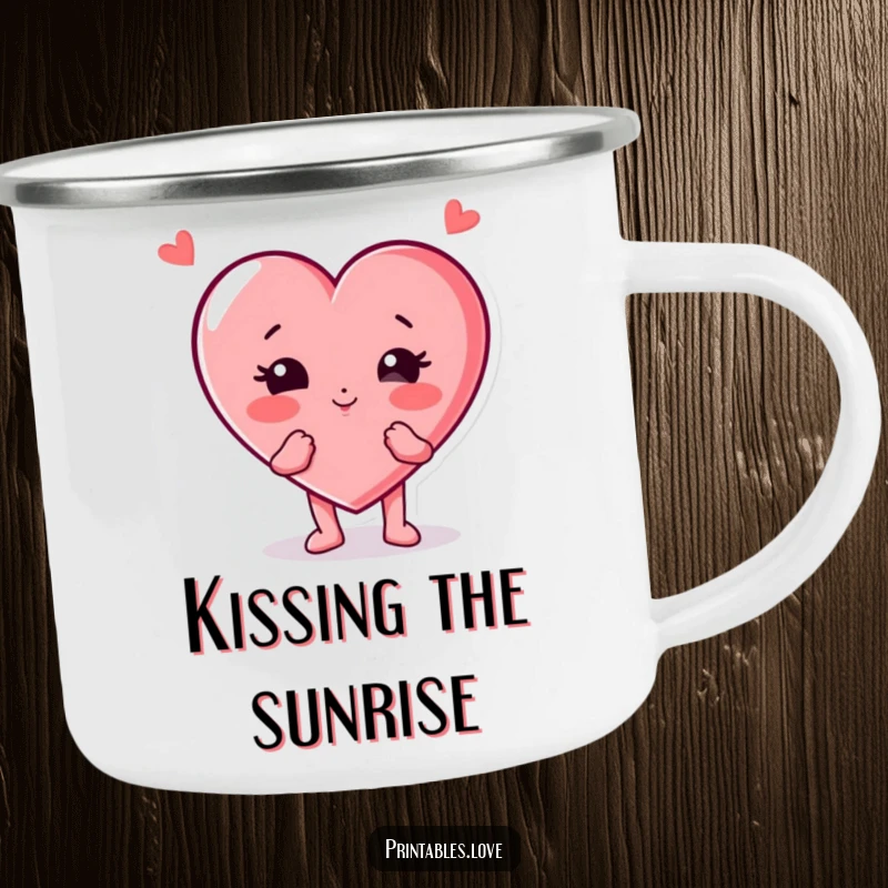 Funny heart character camping mug, playfully blowing a kiss with puffed cheeks, perfect for outdoor drinks and cheerful moments.