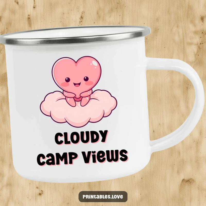 Funny camping mug showing a smiling heart character on a heart-shaped cloud, designed for peaceful outdoor enjoyment.