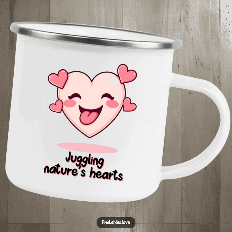 Funny camping mug showcasing a whimsical heart mid-juggle with its tongue out, tossing smaller hearts, for outdoor fun.
