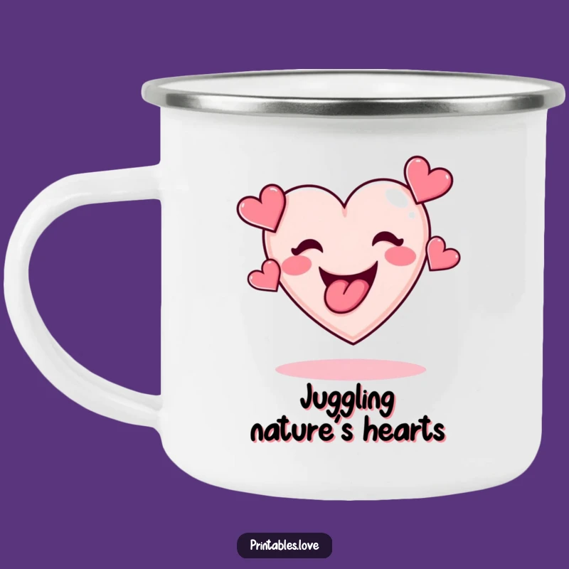 Funny Heart Juggling Camping Mug: Adventure Fuel with Playful Love, Great Gift!