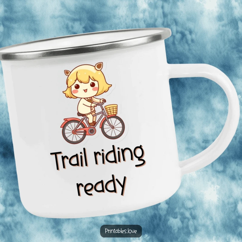 Funny camping mug featuring a cheerful Kawaii character riding a bicycle with a basket, perfect for outdoor adventures.