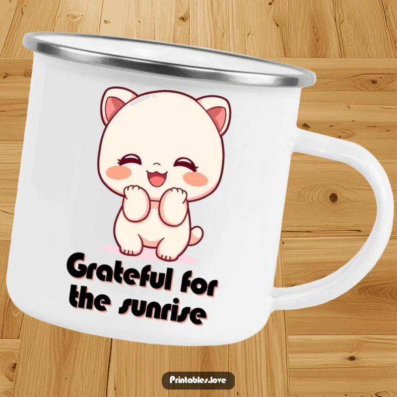 Funny Kawaii camping mug showing a character bowing adorably with a big smile, perfect for friendly campers.