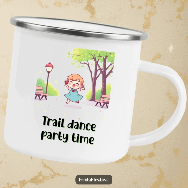 Funny Kawaii Dancing Character Camping Mug: A rugged mug for adventures, featuring a cute, happy character dancing in a park.
