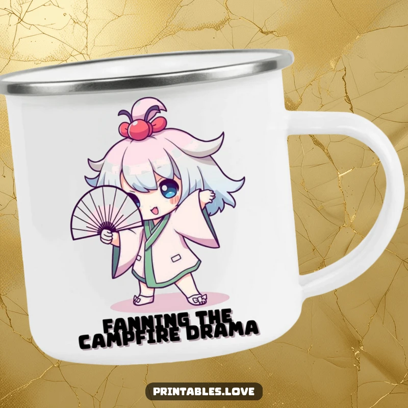 Funny Camping Mug featuring a Kawaii character striking a dramatic pose with a fan, perfect for enjoying drinks outdoors with humor.