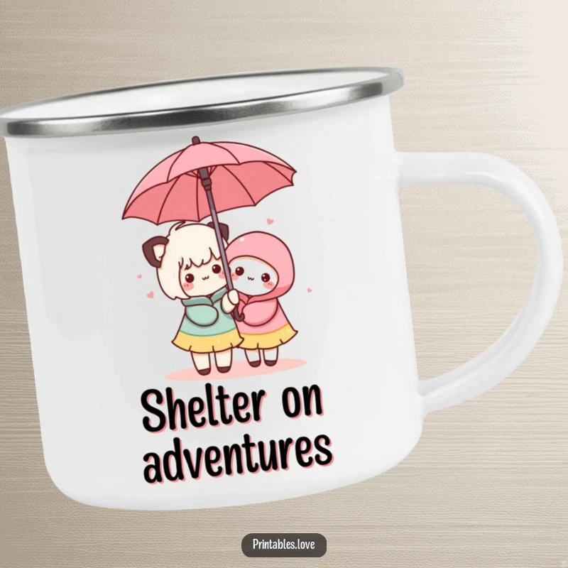 Funny Kawaii Umbrella Camping Mug: A sturdy mug for the great outdoors, showing two cute characters sharing an umbrella.