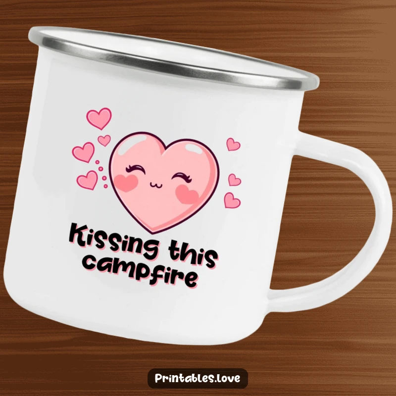 Funny camping mug showing a heart with chubby cheeks blowing a kiss, leaving a trail of hearts on the go.