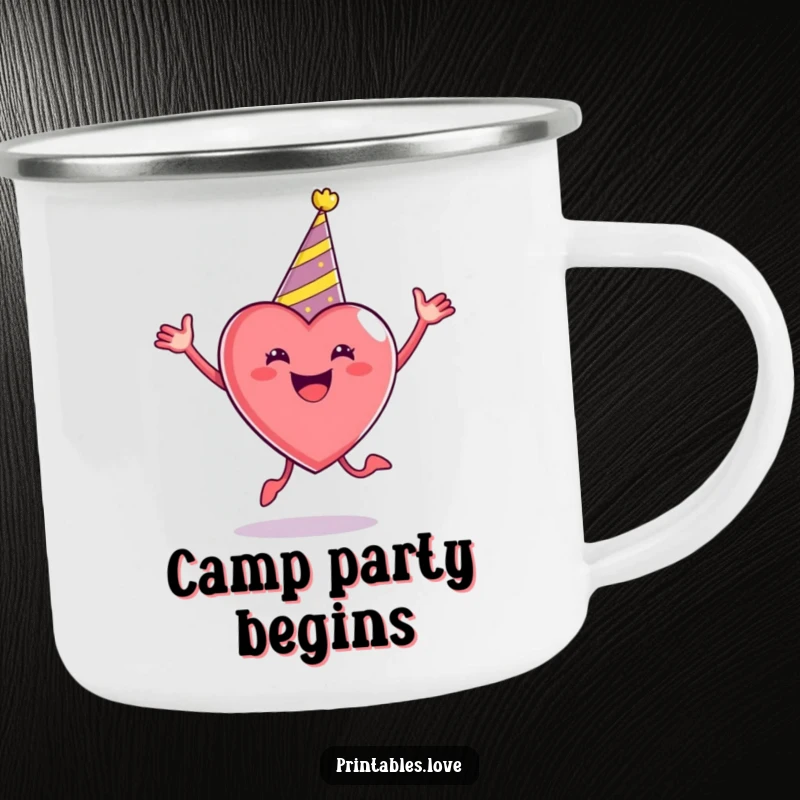 Funny Party Heart Camping Mug wearing a party hat, enthusiastically jumping, ready for campfire parties and joyous moments.