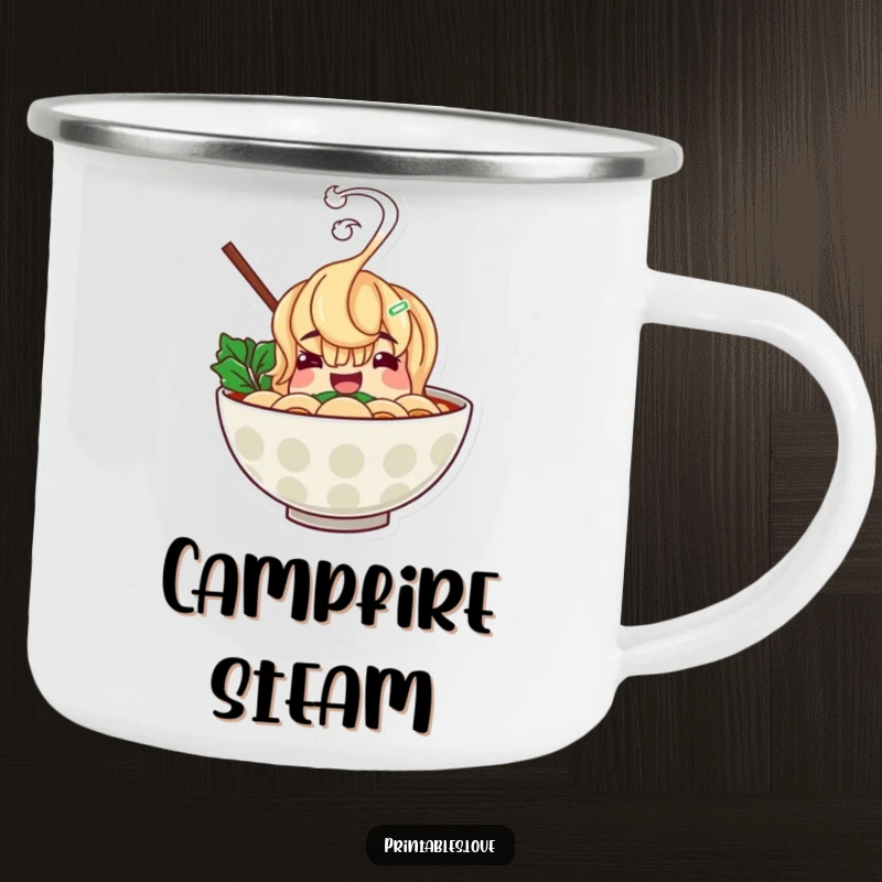 Funny ramen bowl camping mug showing a cheerful character with hilariously rising steam, perfect for outdoor meals and warm chuckles.