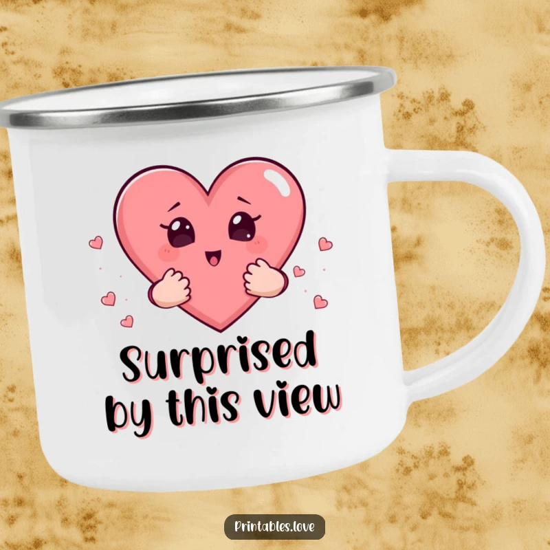 Funny camping mug showing a heart character holding hearts in its hands, with a comical look of surprise.