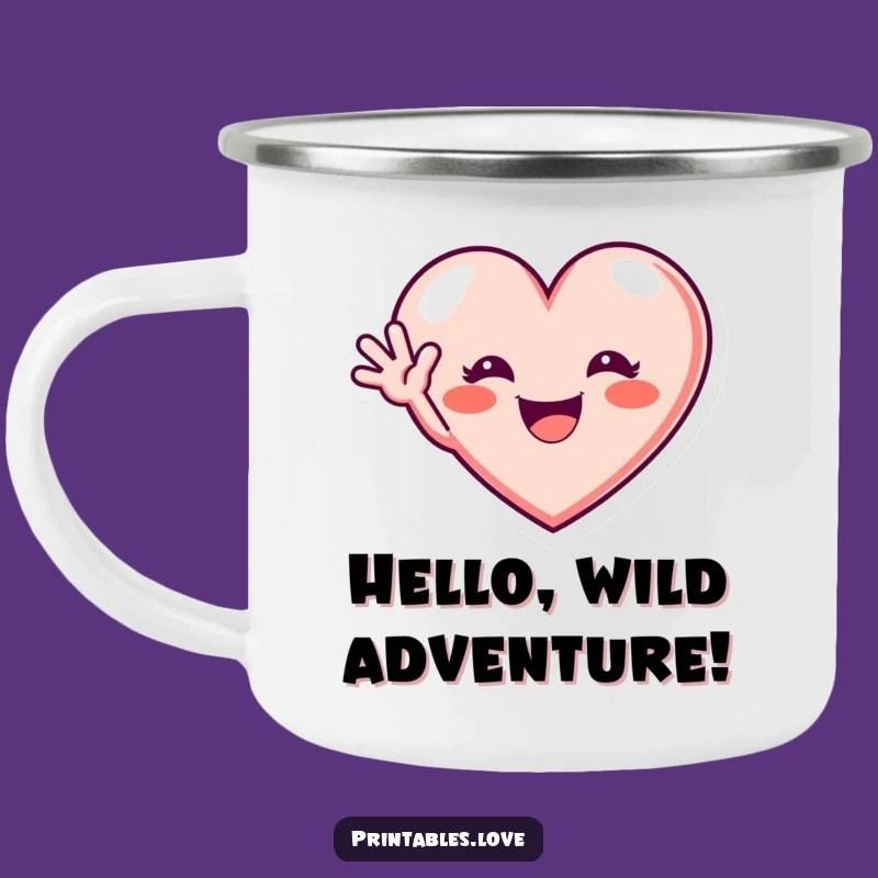 Funny Waving Heart Camping Mug: Excited Grin Outdoors, Perfect Gift!