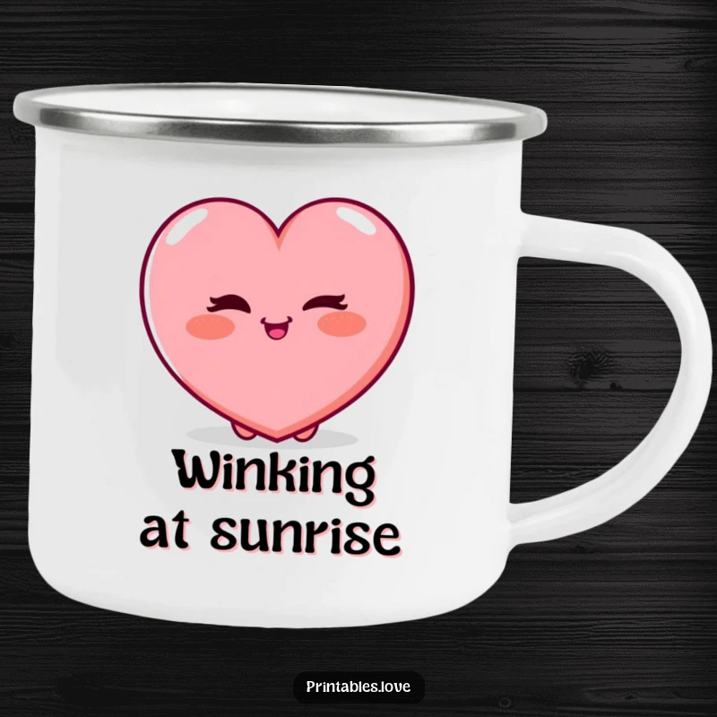 Funny Camping Mug showcasing a plump heart character winking playfully, perfect for adventurers who appreciate a touch of charm.