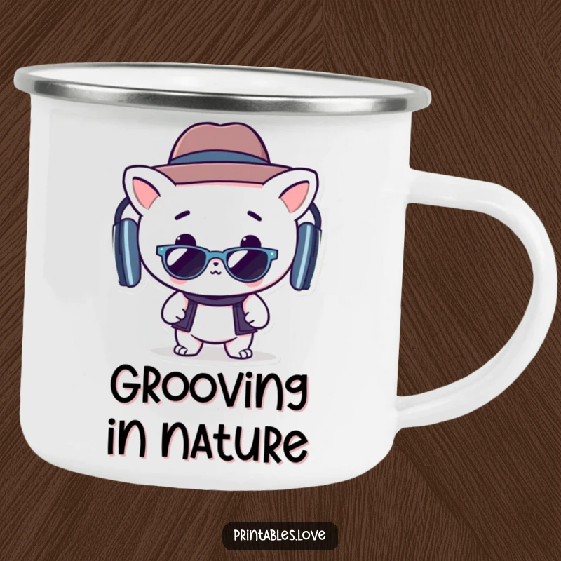 Funny camping mug featuring a groovy Kawaii character in a hat and sunglasses, perfect for outdoor adventures.