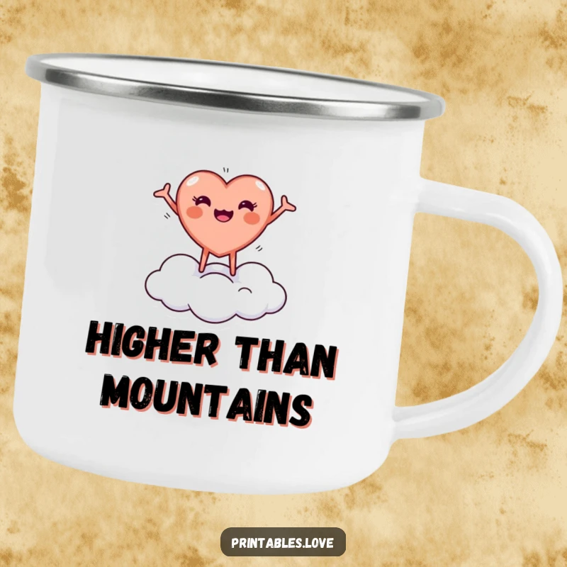 Funny camping mug with a tiny, round heart character joyfully bouncing on a cloud with arms outstretched, great for outdoor fun.