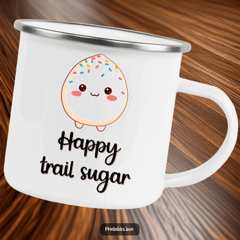 Funny cheerful mochi character, happily sprinkled, on a durable camping mug for outdoor enjoyment.