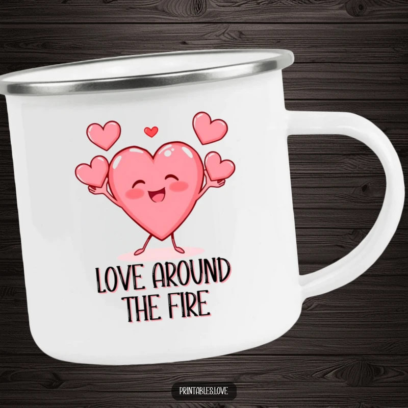Funny camping mug showing a gleeful heart character juggling hearts, designed for outdoor enjoyment.