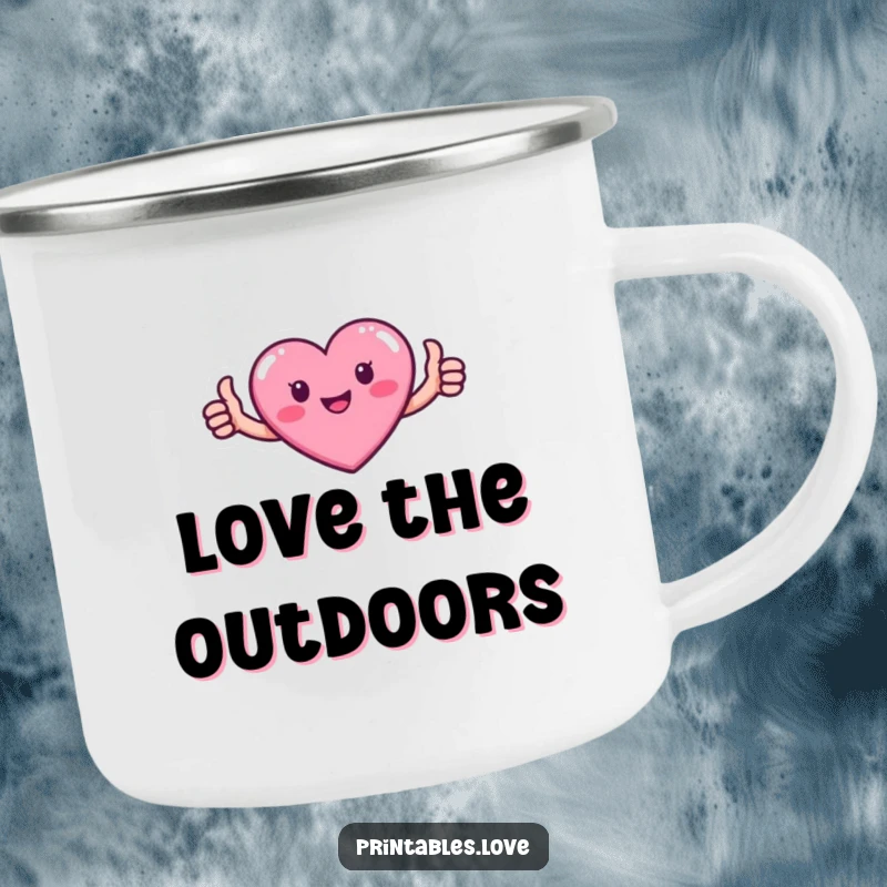 Funny camping mug with a small pink heart character giving a thumbs up, ideal for outdoor positivity.