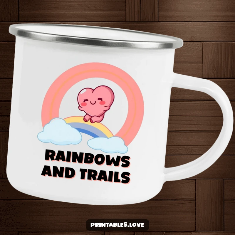 Funny camping mug with a rosy-cheeked heart character gleefully sliding down a bright rainbow, ready for adventure.