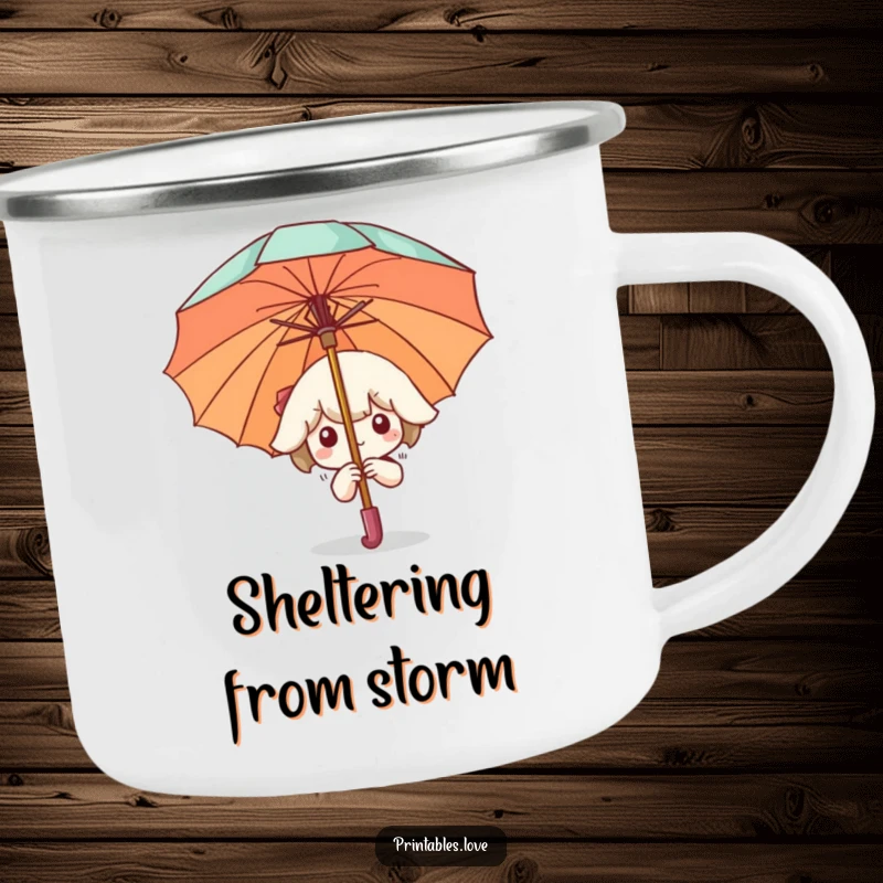 Funny Camping Mug featuring a Kawaii character peeking from behind a large umbrella, ideal for enjoying drinks outdoors with a shyly humorous vibe.