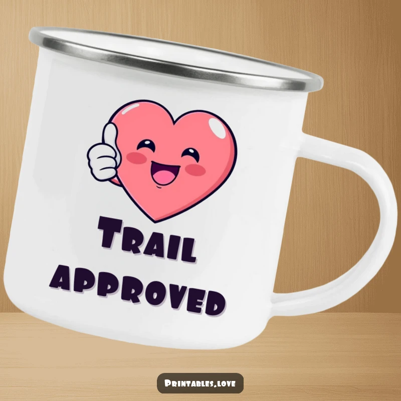 Funny Camping Mug featuring a smiling heart giving a thumbs up, designed for outdoor adventures and spreading humor, a great funny gift.