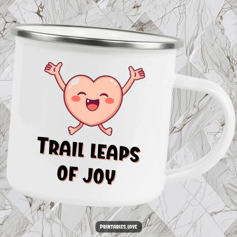 Funny Camping Mug showcasing a small heart character joyfully leaping with arms outstretched, perfect for adventurers who love positivity.