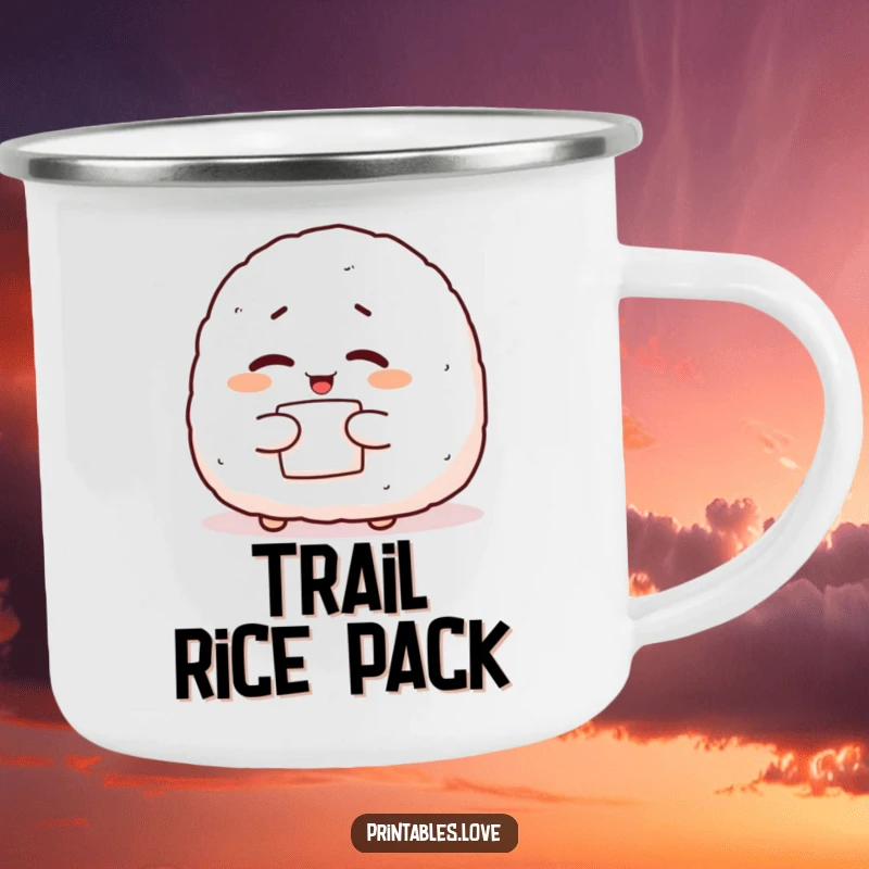Funny onigiri camping mug showing a giggling character winking with nori, perfect for outdoor meals and shared chuckles.