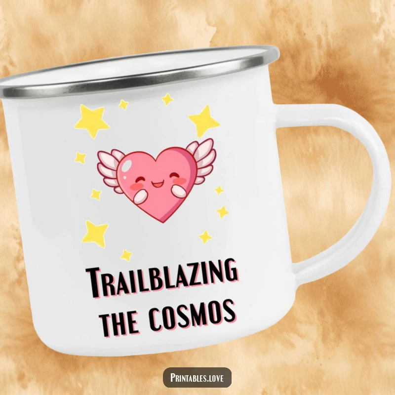 Funny camping mug featuring a winged heart character joyfully flying through a starry sky, perfect for cosmic camping trips.