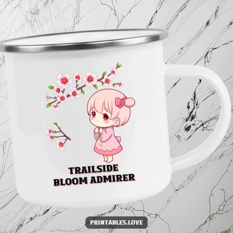 Funny Kawaii camping mug showing a cute character admiring a blooming cherry blossom branch, perfect for outdoor spring enjoyment.