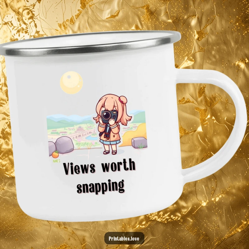 Funny Kawaii Camera Camping Mug: A rugged mug for adventures, showing a cute character posing with a camera in a scenic location.