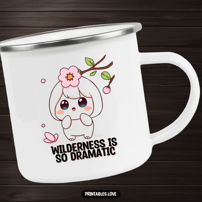 Funny Kawaii camping mug showing a character surprised by a falling cherry blossom petal, for nature lovers.