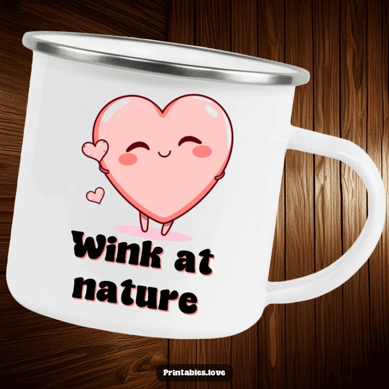 Funny enamel camping mug with a large heart character playfully winking and a tiny heart, perfect for outdoor use with playful charm.