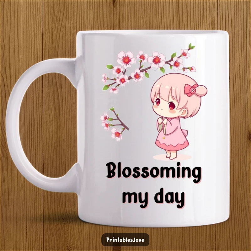 Funny Kawaii mug showing a cute character gazing with wonder at a beautiful blooming cherry blossom branch, radiating peace.