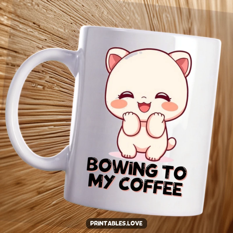 Funny Kawaii mug with a cute character adorably bowing with a big, friendly smile, showing politeness and warmth.