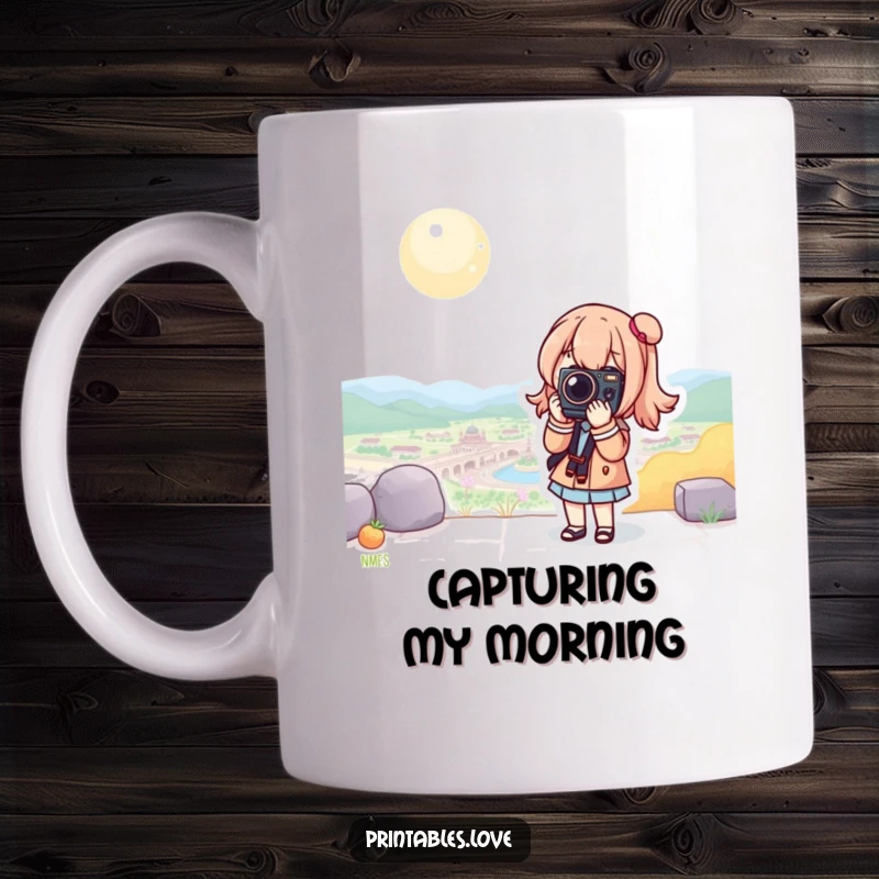 Funny Kawaii Camera Mug: A cute character striking a pose with a camera in a breathtaking scenic location.
