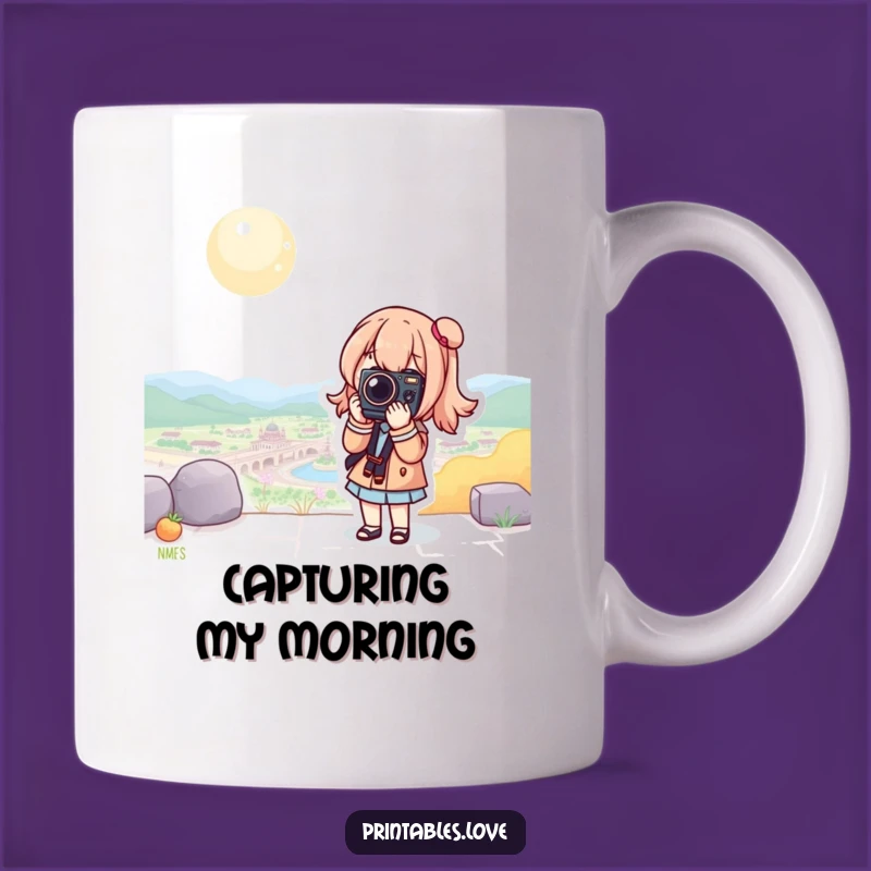 Funny Kawaii Camera Mug: Scenic Adventure Pose, Perfect Funny Gift!