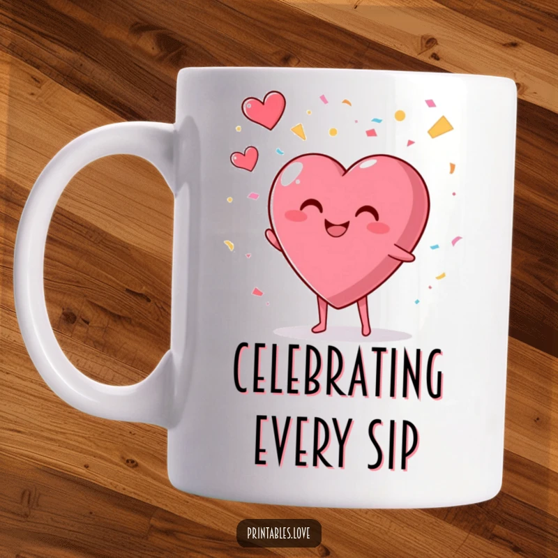 Funny mug with a smiling, plump heart character enthusiastically throwing confetti into the air, signifying pure celebration.