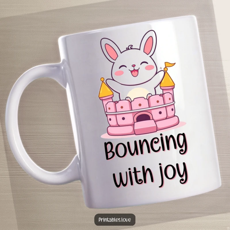 Funny bao bun mug with a grinning character joyfully bouncing on a bouncy castle, capturing playful food and fun.