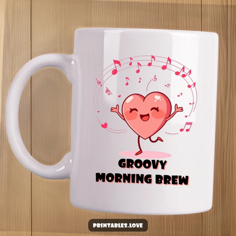 Funny mug with a heart character happily dancing, surrounded by swirling musical notes, conveying joy and a love for music.