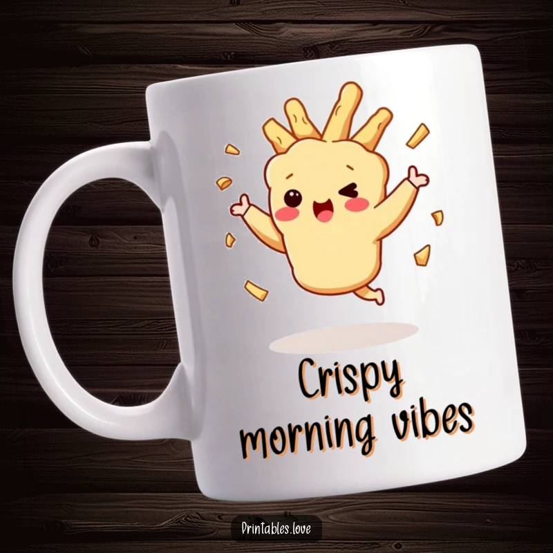 Funny dancing tempura character, crispy bits flailing playfully, mid-dance on a mug, for a joyful morning.