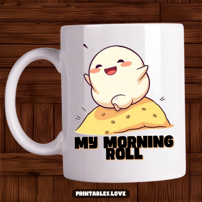 Funny mug showing a determined dumpling character rolling down a hill with a gleeful expression, symbolizing joyous momentum.