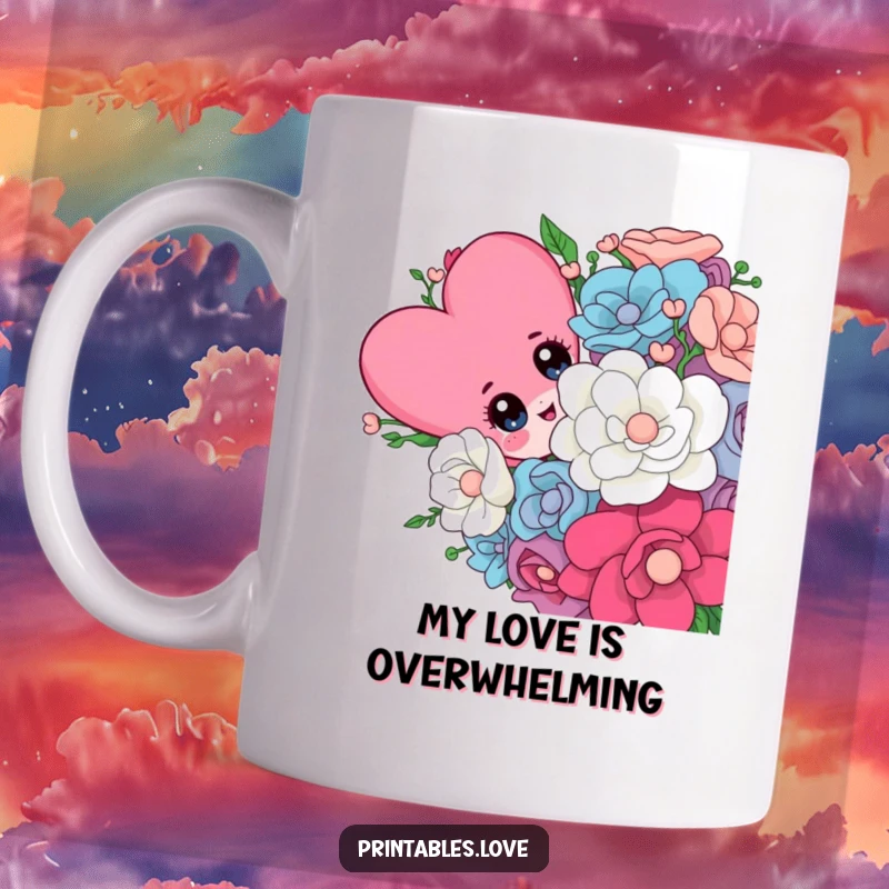 Funny mug with a sweet heart character with big, curious eyes peeking playfully from a massive, colorful flower bouquet.