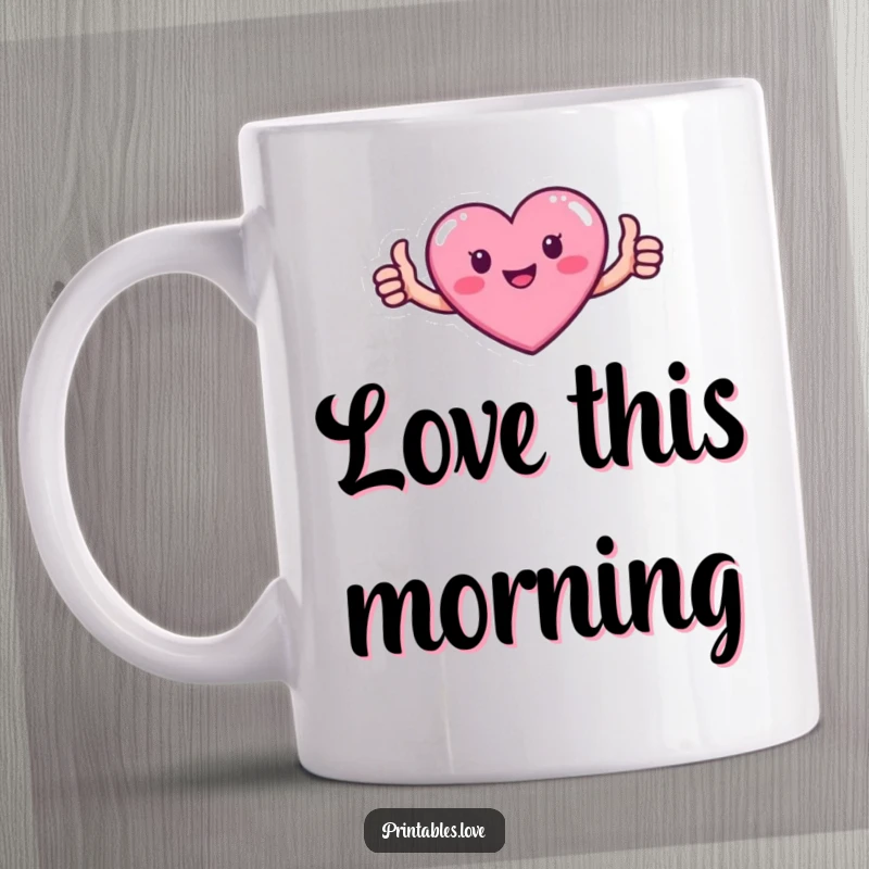 Funny mug featuring a small, cute pink heart character with tiny arms giving a confident thumbs up.
