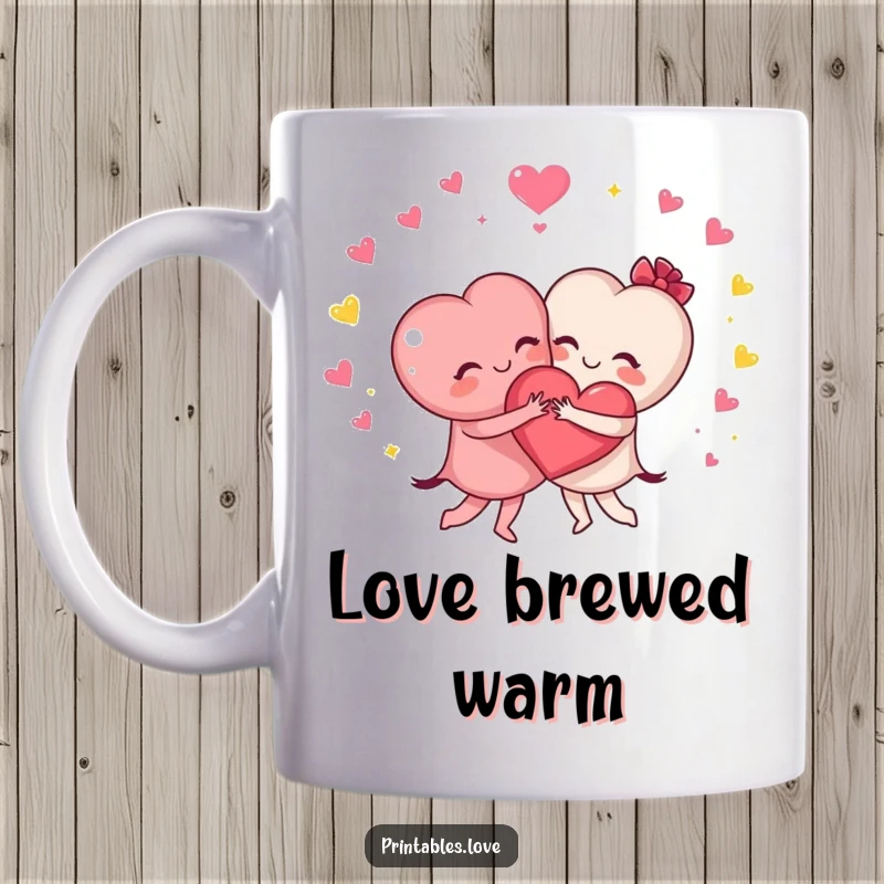 Funny mug with two cute heart characters joyfully hugging, surrounded by sparkling effects, symbolizing friendship and affection.
