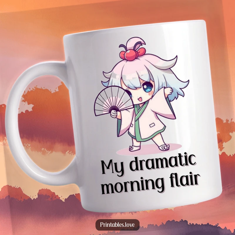 Funny Mug featuring a Kawaii character striking a dramatic pose with a fan, exuding confidence and flair, perfect for a drama queen.