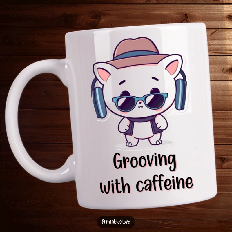 Funny Kawaii mug showing a cute character wearing a stylish hat and sunglasses, grooving to the beat with a happy expression.