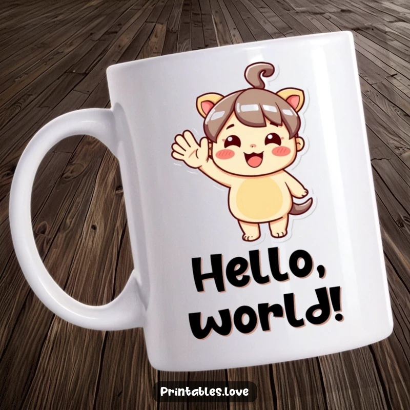 Funny Kawaii Mug showing a cute character with a big, enthusiastic hello wave, radiating happiness and warmth.