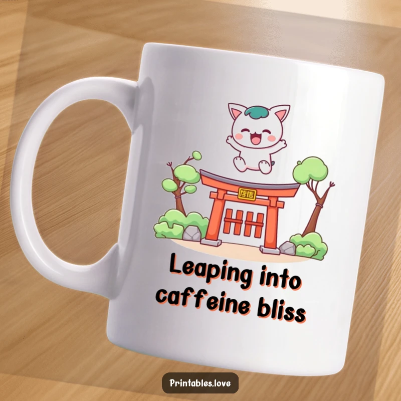 Funny Kawaii mug showing a cute character energetically leaping over a small torii gate, embodying adventure.